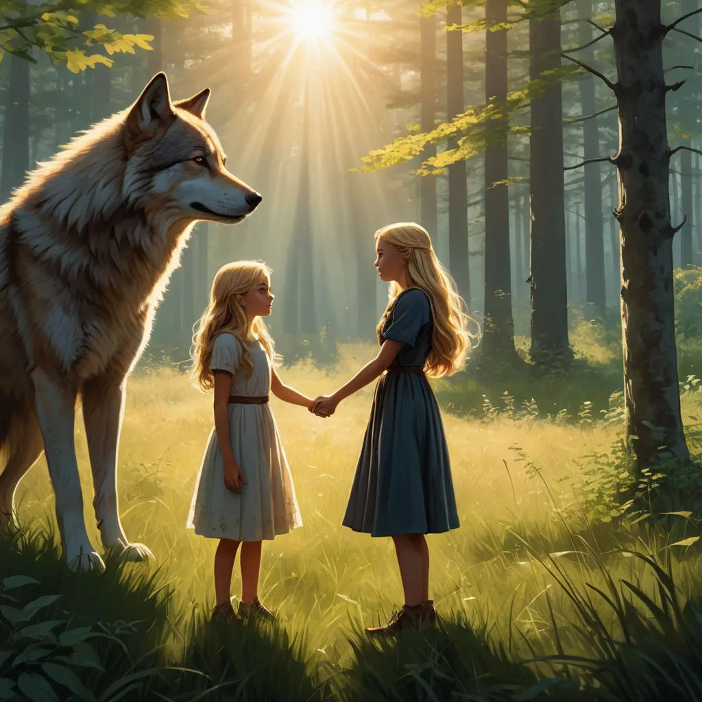 two girls are standing in the woods with a wolf on their shoulder and a wolf on their shoulder, both of them facing each other, fantasy art, a storybook illustration, Brothers Hildebrandt, official art