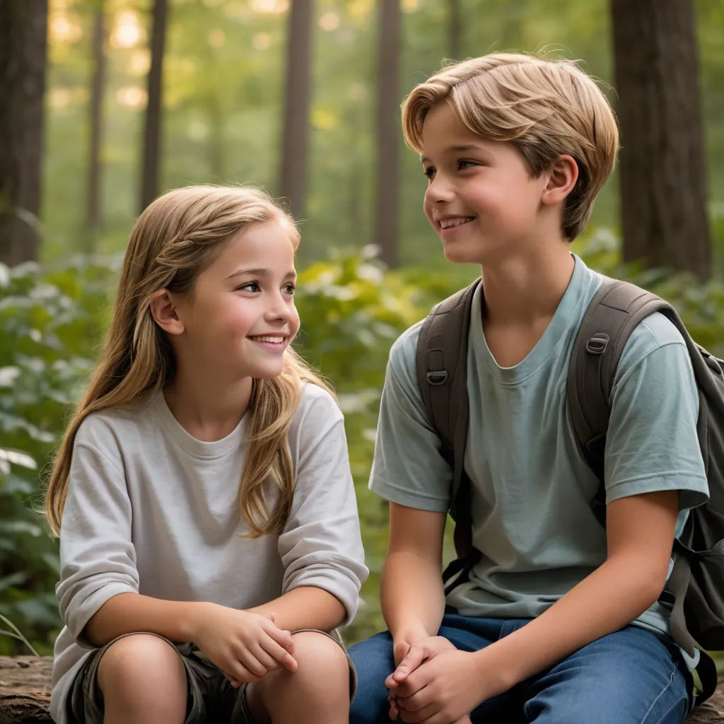 a boy and a girl sitting on a log in the woods smiling at each other with a backpack on, northwest school, a stock photo, Daniel Lieske, promotional image