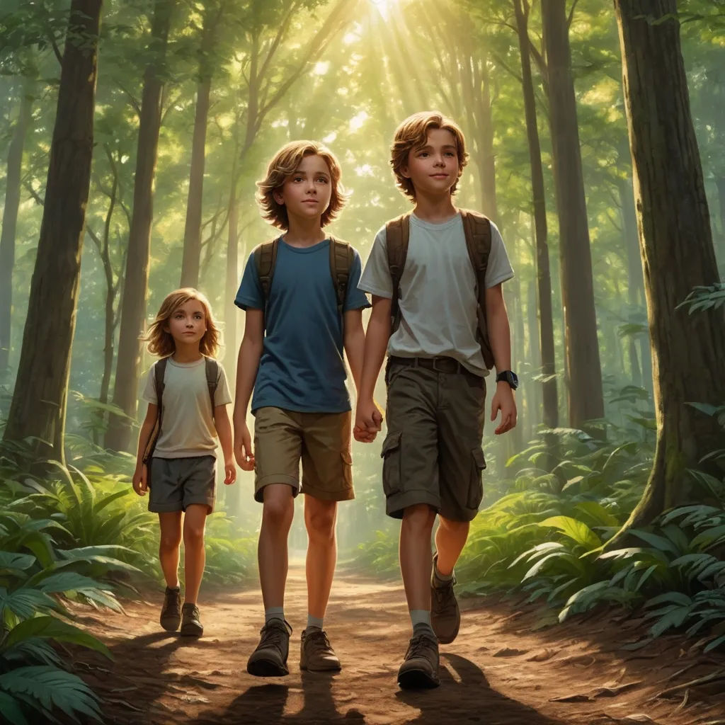 a couple of kids walking down a dirt road in the woods with a backpack on their back and a backpack on their shoulder, photorealism, a detailed matte painting, Brothers Hildebrandt, promotional image
