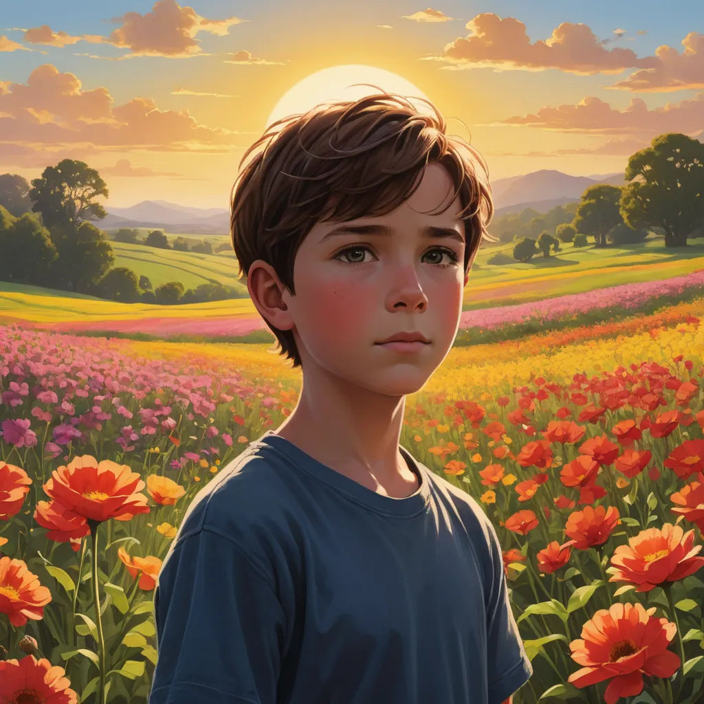 a painting of a boy standing in a field of flowers with the sun setting behind him and a field of flowers in the foreground, american scene painting, a character portrait, Aaron Jasinski, rossdraws global illumination