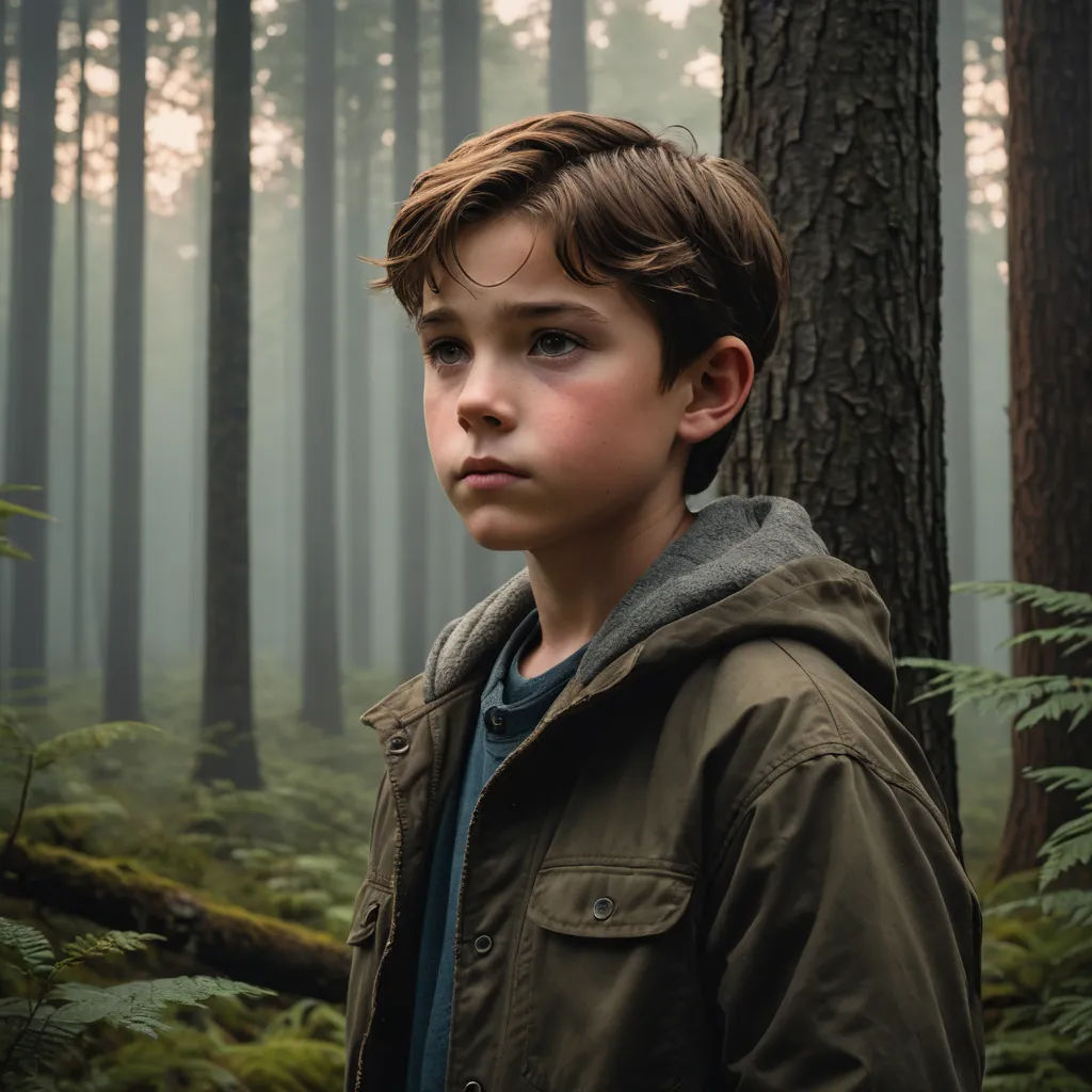 a young boy standing in a forest with a forest background and trees in the background, with a foggy sky, naturalism, a character portrait, Daniel Lieske, promotional image