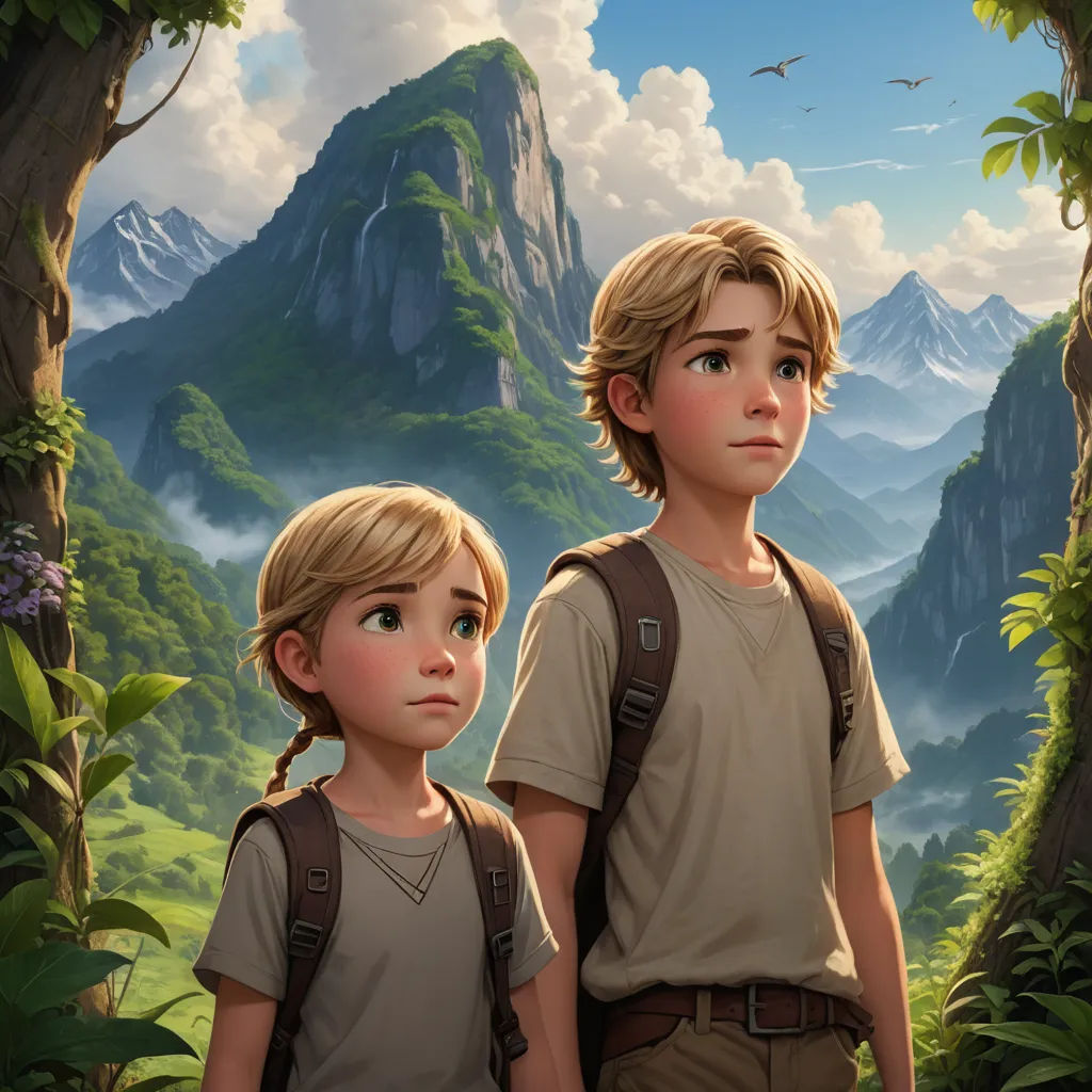 a boy and a girl standing in front of a mountain with a bird flying overhead and a bird flying overhead, fantasy art, a detailed matte painting, Brothers Hildebrandt, rossdraws global illumination