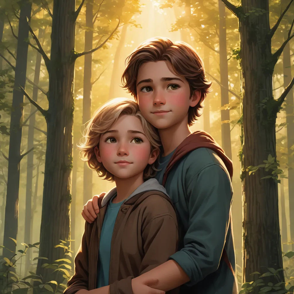 a boy and a girl are hugging in the woods with sunlight streaming through the trees behind them and the boy is wearing a backpack, sots art, a storybook illustration, Brothers Hildebrandt, official art