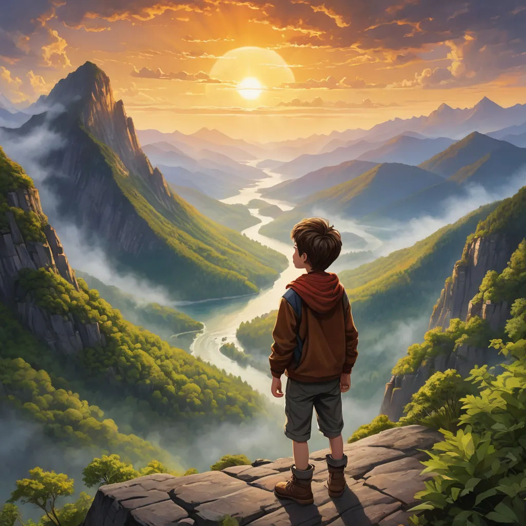 a boy standing on a cliff looking at a valley with a river in the distance and a sunset in the background, fantasy art, a detailed matte painting, Dan Mumford, highly detailed digital painting