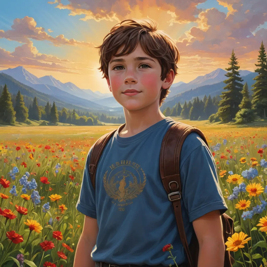 a painting of a boy in a field of flowers with a sunset behind him and mountains in the distance, fantastic realism, a detailed painting, Aaron Jasinski, kinkade