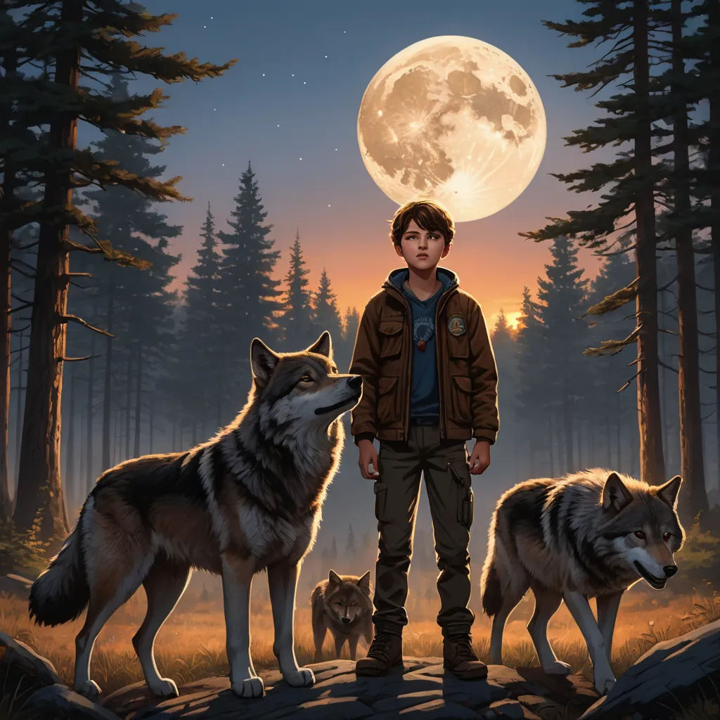 a boy standing in front of a forest with three wolfs under a full moon sky with trees and a full moon, sots art, poster art, Aaron Jasinski, key art