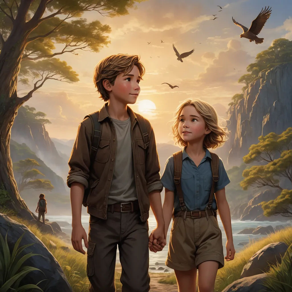 a boy and a girl walking through a forest holding hands and looking at the sky with a bird flying overhead, sots art, poster art, Brothers Hildebrandt, promotional image