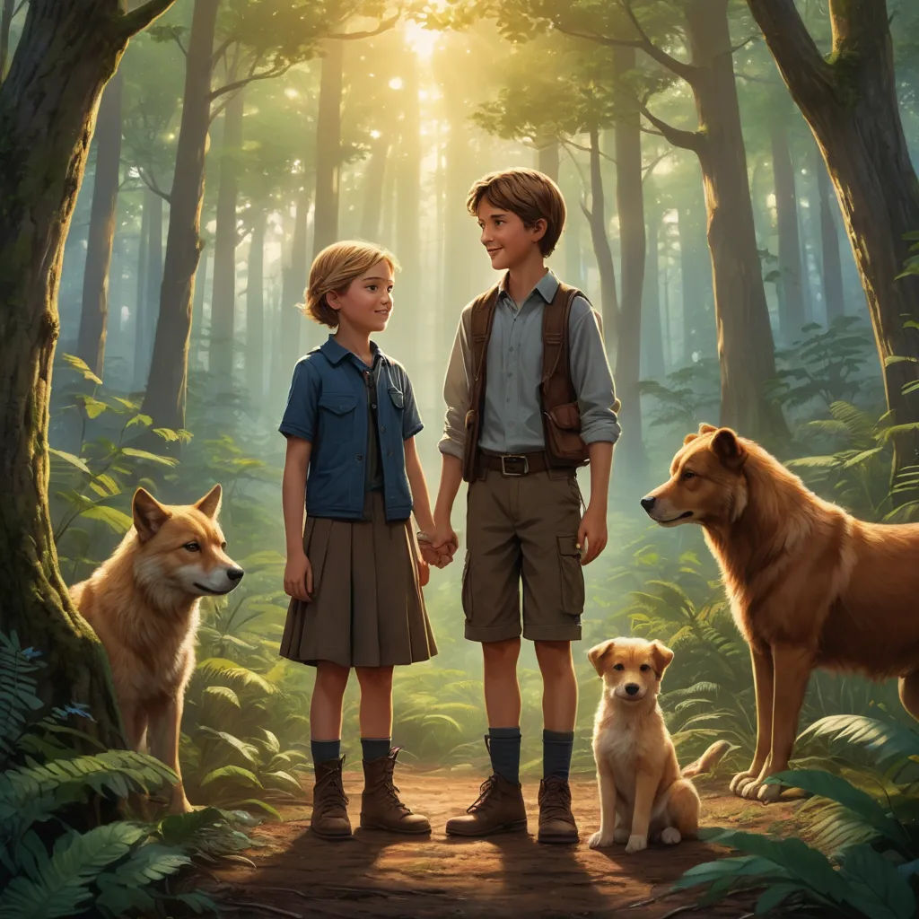 a boy and a girl standing in a forest with two dogs and a boy holding hands with a dog, sots art, a storybook illustration, Aaron Jasinski, official art
