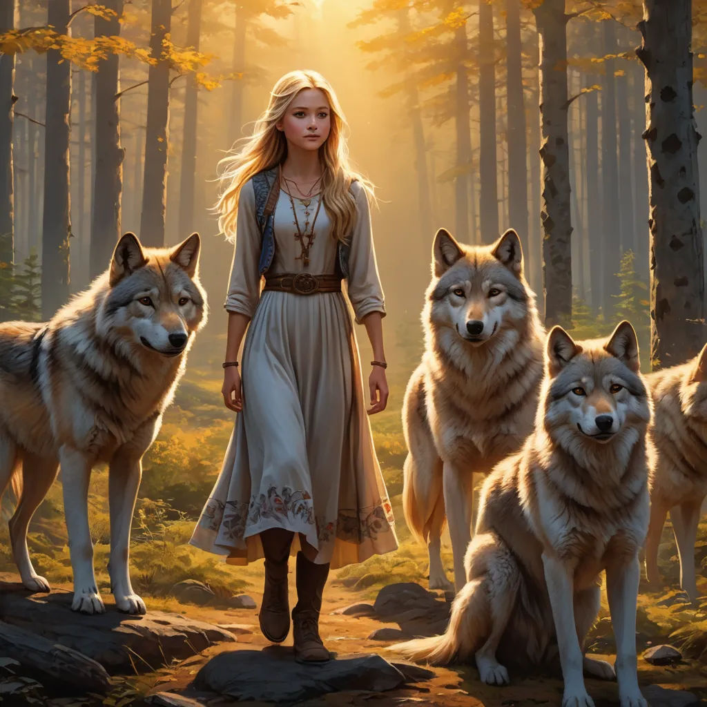 a woman standing in front of a group of wolfs in a forest with the sun shining through the trees, fantasy art, a storybook illustration, Dirk Crabeth, key art