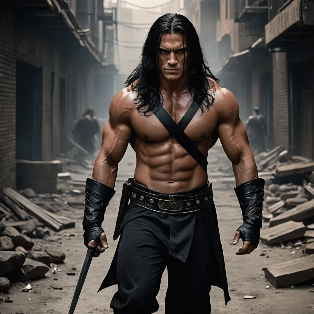 a man with a sword in a alley way with a building in the background and a man with a sword in his hand, dau-al-set, a poster, Dai Jin, movie still