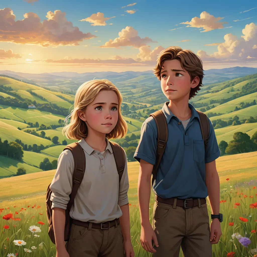 a painting of a boy and a girl standing in a field of flowers with a sunset in the background, sots art, a detailed matte painting, Brothers Hildebrandt, official art