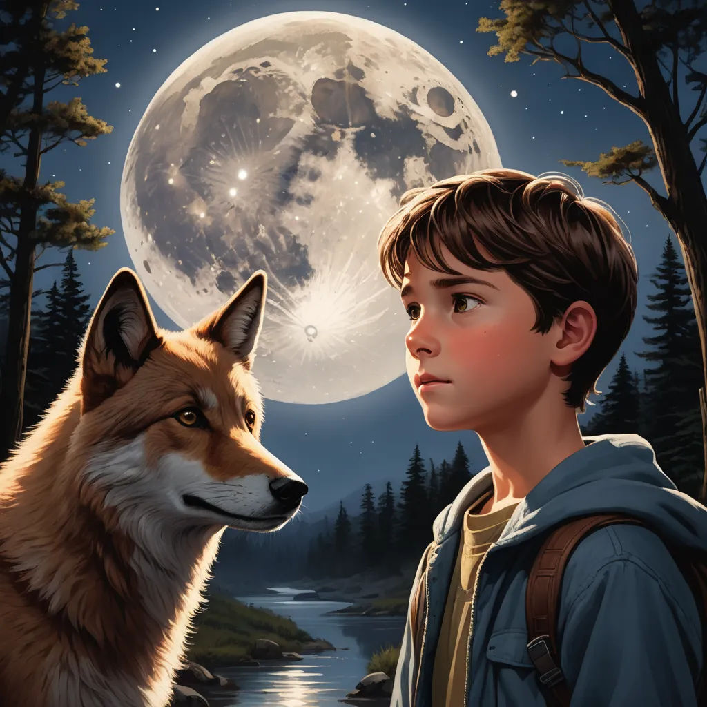 a boy and a wolf looking at the moon in the sky over a river and forest with a full moon, furry art, a storybook illustration, Aaron Jasinski, promotional image