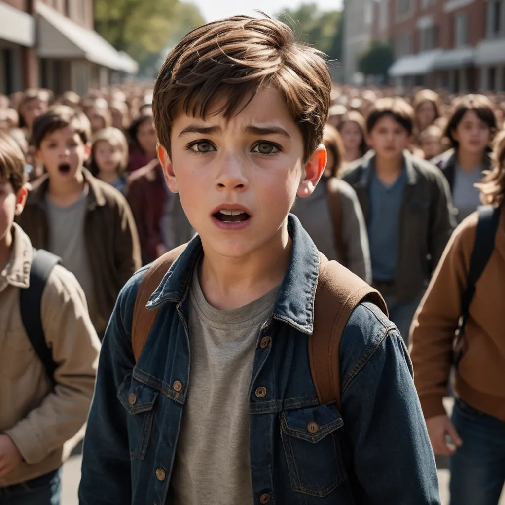 a young boy with a surprised look on his face in a crowd of people in the street, with a man in the background, symbolism, a poster, Adam Rex, vfx