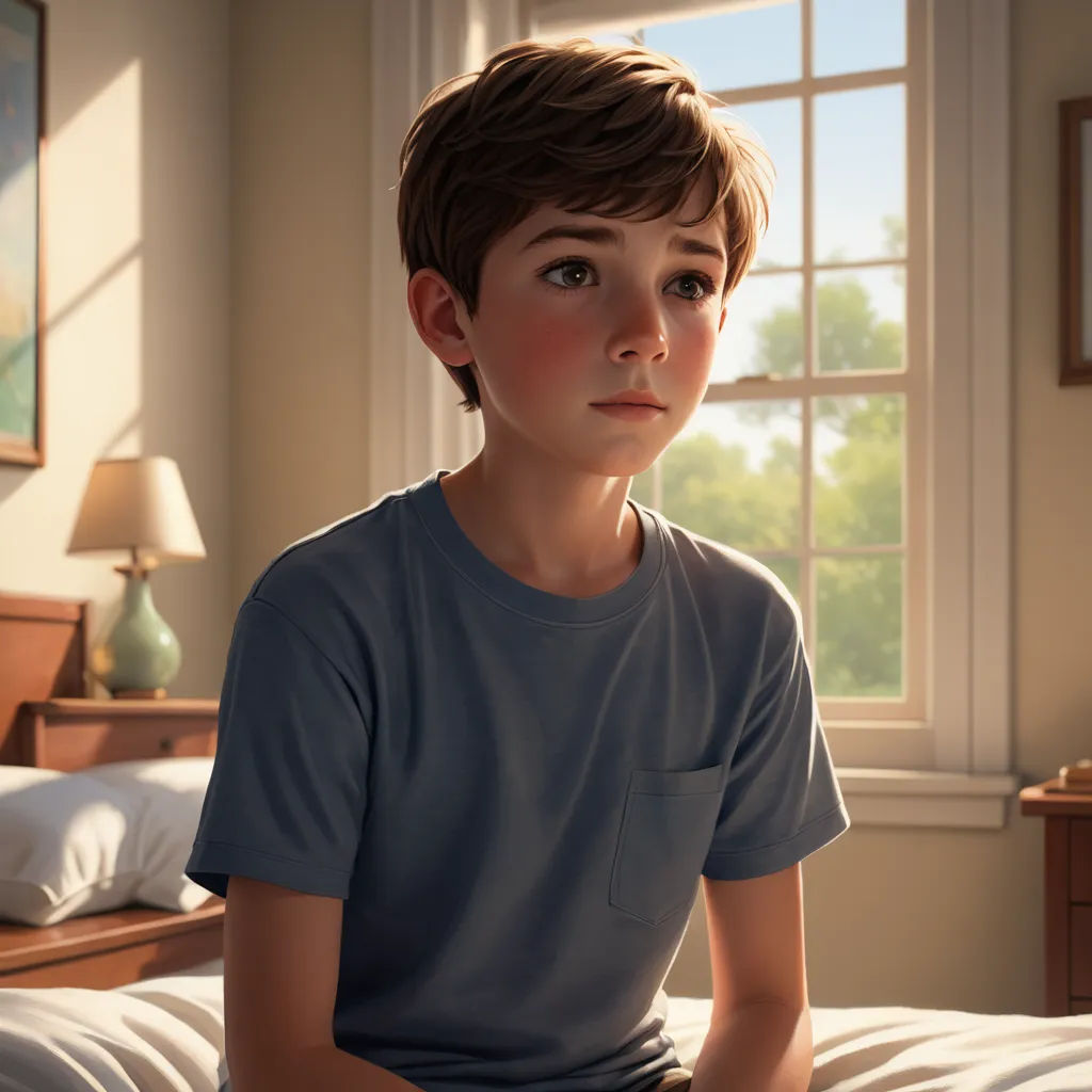 a boy sitting on a bed in a bedroom with a window behind him and a lamp on the side of the bed, photorealism, a photorealistic painting, Alejandro Burdisio, cgstudio