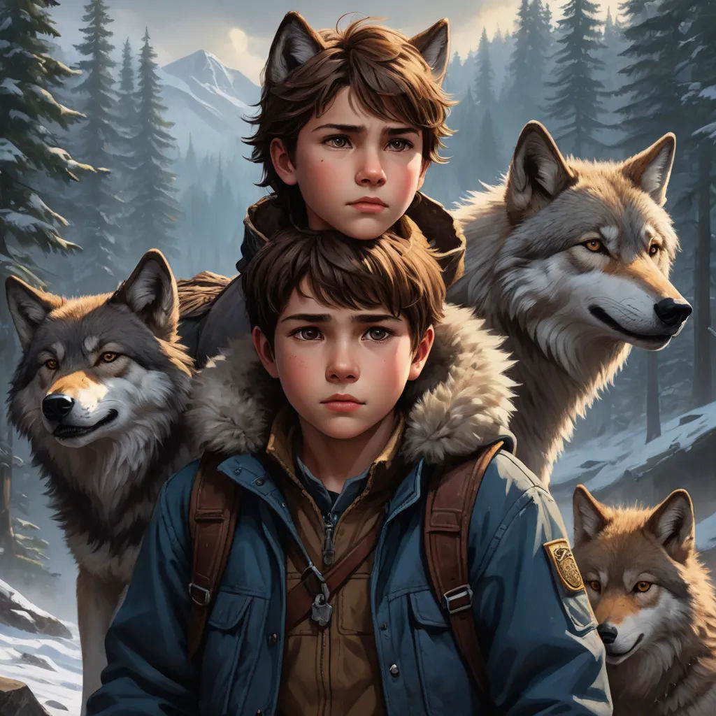 a boy with a backpack and two wolfs on his shoulders, standing in front of a forest with snow, furry art, a detailed painting, Aaron Jasinski, key art