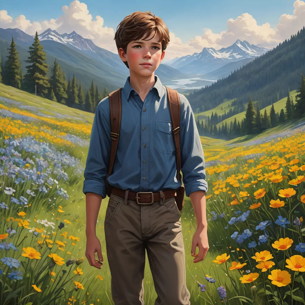 a painting of a boy standing in a field of flowers with mountains in the background and a sky with clouds, american scene painting, a character portrait, Aaron Jasinski, official art