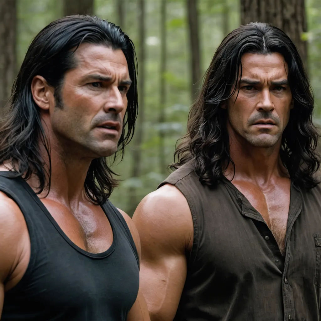 two men standing in the woods with long hair and no shirt on, one is looking at the camera, antipodeans, a photocopy, Brothers Hildebrandt, leesha hannigan
