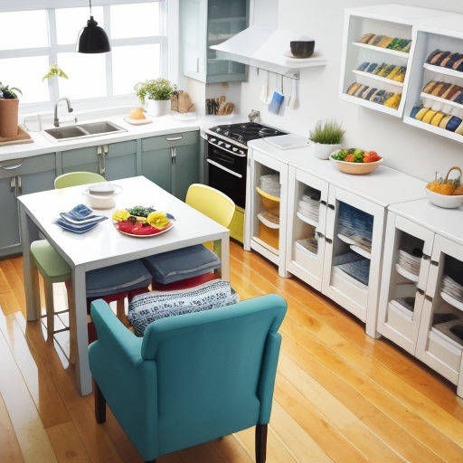 a kitchen with a table, chairs, and a stove top oven in it's center island with a bowl of fruit on it