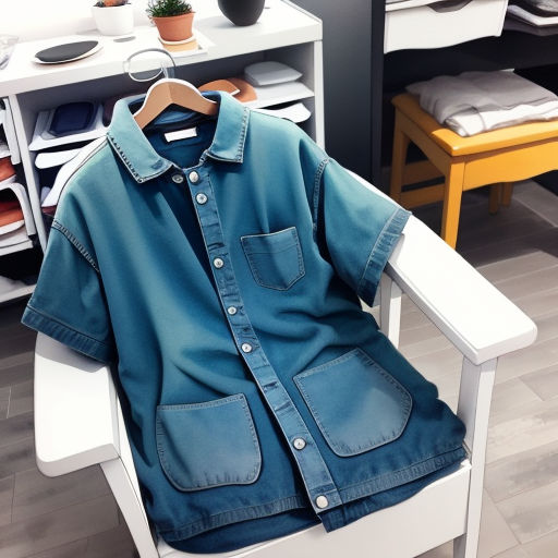 a blue shirt is sitting on a white chair in a room with shelves and a table with a plant