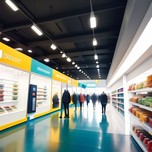 a group of people walking down a hallway in a store with shelves of food and drinks on the walls