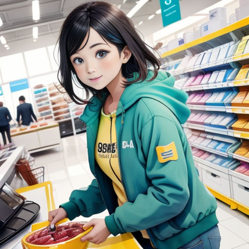 a woman is holding a bowl of fruit in a store aisle while looking at the camera with a smile on her face