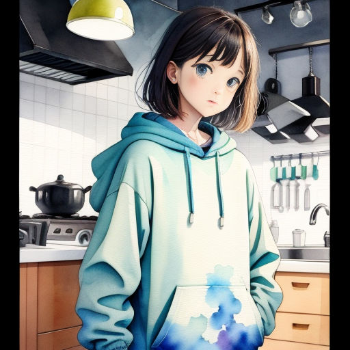 a girl in a blue sweatshirt standing in a kitchen with a pot on the stove top and a pot on the counter