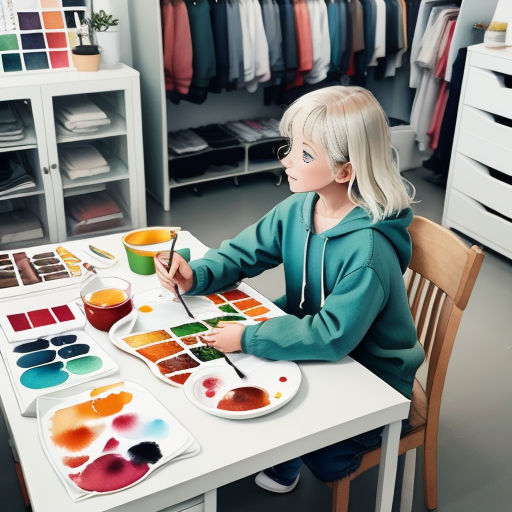 a little girl sitting at a table with paints and a brush in front of her and a painting on the table