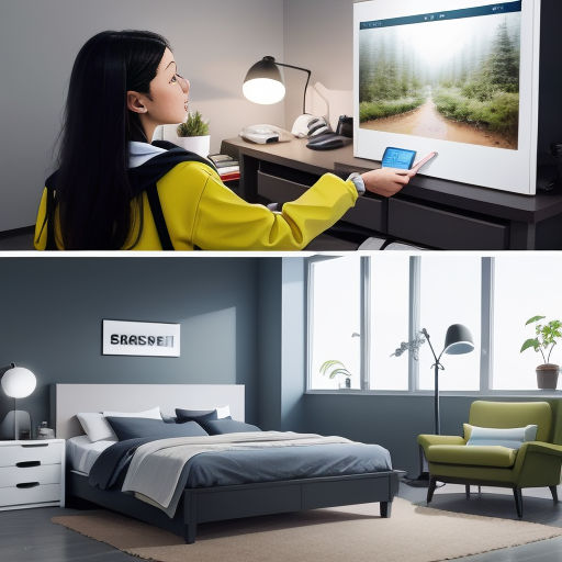 a woman is using a phone and a bed in a room with a desk and chair and a television