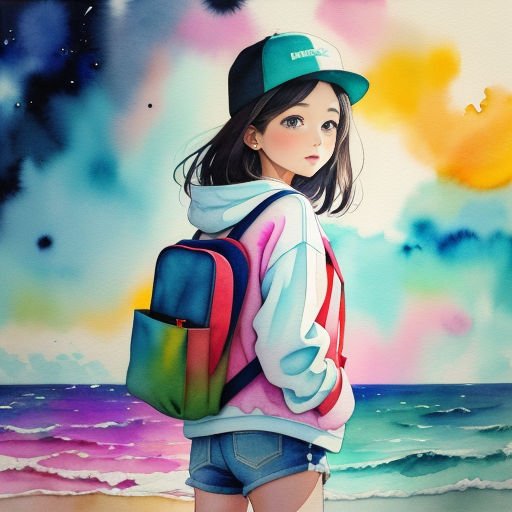 a painting of a girl with a backpack on the beach looking at the ocean and a colorful sky with clouds