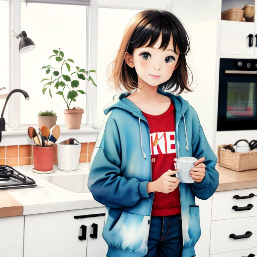 a young girl standing in a kitchen holding a cup of coffee and looking at the camera with a smile