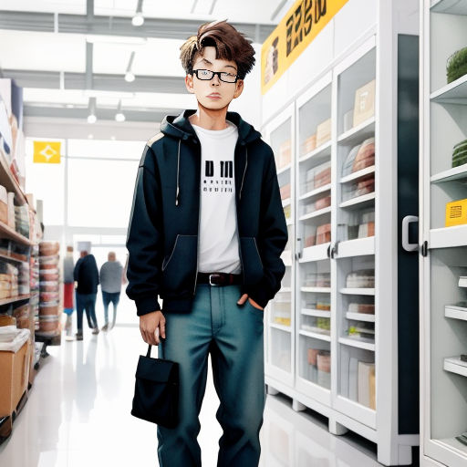 a man in a store with a bag and a wallet in his hand and a man in a sweatshirt and pants behind him