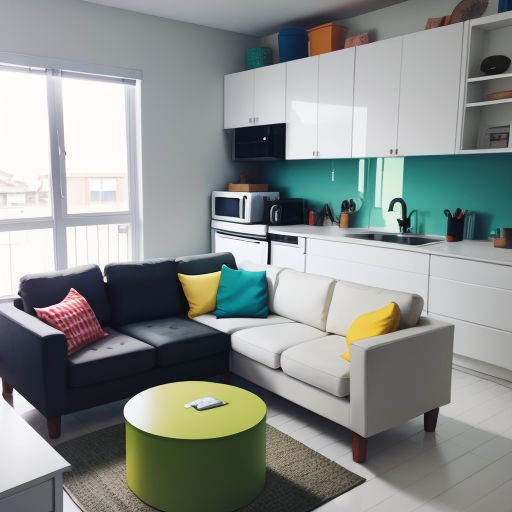 a living room with a couch and a table in it and a window in the background with a view of the kitchen