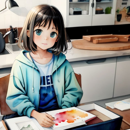 a girl sitting at a table with a painting on it's tray in a kitchen area with a sink and counter