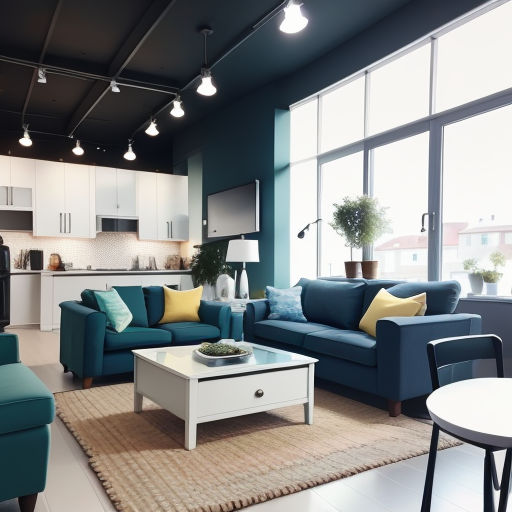 a living room with a couch, chair, table and a television in it's center area with a large window