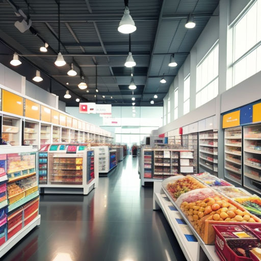 a large supermarket with a wide variety of foods in it's shelves and a few people walking by