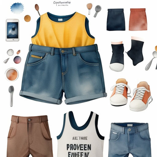 a set of clothing and accessories for a child's outfit with a yellow shirt, blue shorts, and white sneakers