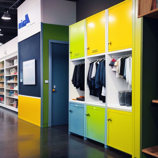 a room with a bunch of colorful cabinets and shelves in it and a door open to a closet with a coat hanging on it
