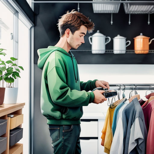 a man looking at a shirt on a rack in a room with a potted plant and a coffee pot