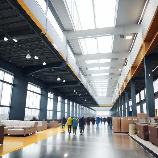 a group of people walking down a long hallway with boxes on the floor and a skylight overhead above