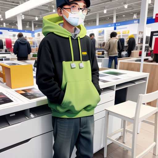 a man wearing a face mask standing in a store with a green hoodie and black pants and a green sweatshirt