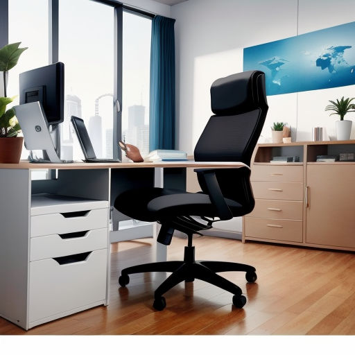 a chair sitting in front of a desk with a monitor and keyboard on it in a room with a window