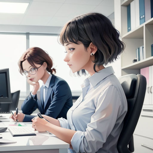 two women sitting at a desk with a computer and a pen in their hand and a laptop on the desk