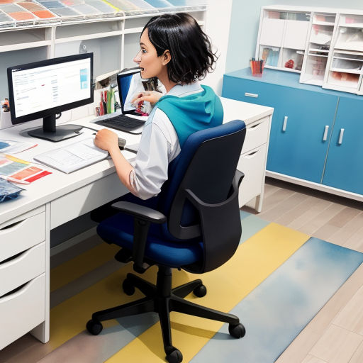 a woman sitting at a desk with a computer and a monitor on it, looking at the screen and smiling