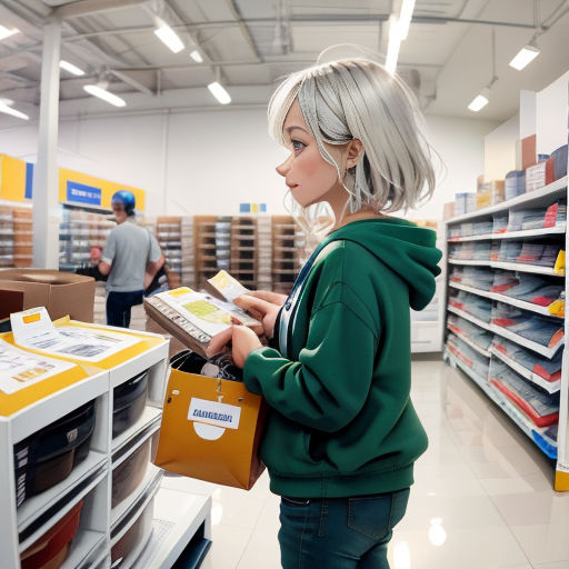 a woman with a green hoodie is looking at a book in a store aisle with a man in the background