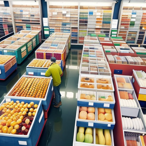 a man is looking at a display of fruit in a store with a lot of shelves of fruit in it
