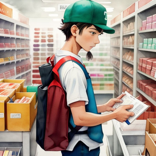 a boy in a hat is reading a book in a store aisle with shelves of books and boxes of books