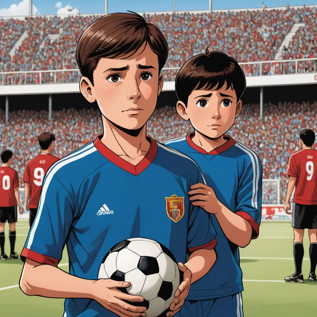 a boy and a boy are standing in front of a soccer ball in a stadium with a crowd of people, les nabis, a comic book panel, Didier Mouron, graphic novel