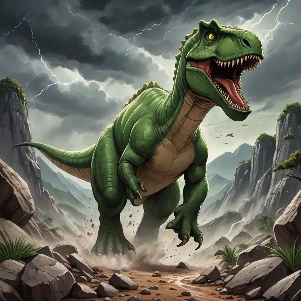 a dinosaur with a large mouth and sharp teeth in a rocky area with a lightning bolt in the background, altermodern, concept art, Adam Rex, magic the gathering artwork