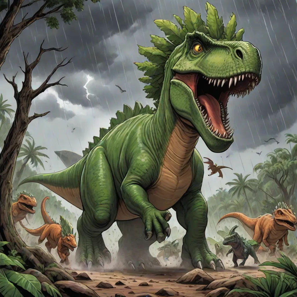 a dinosaur with its mouth open and other dinosaurs in the background in the rain with trees and bushes and rocks, altermodern, concept art, Adam Rex, magic the gathering artwork