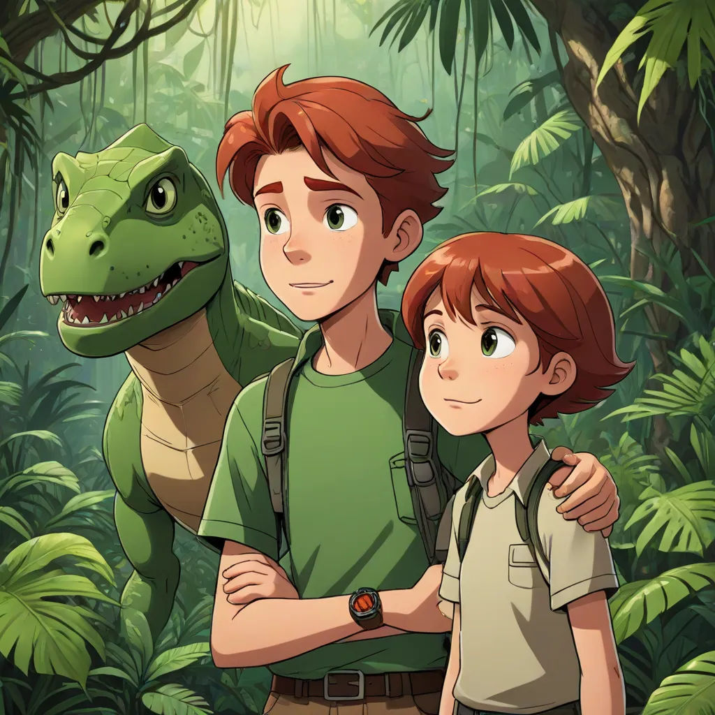 a boy and a boy are standing in front of a dinosaur in the jungle with a girl looking at him, sots art, concept art, Adam Rex, promotional image
